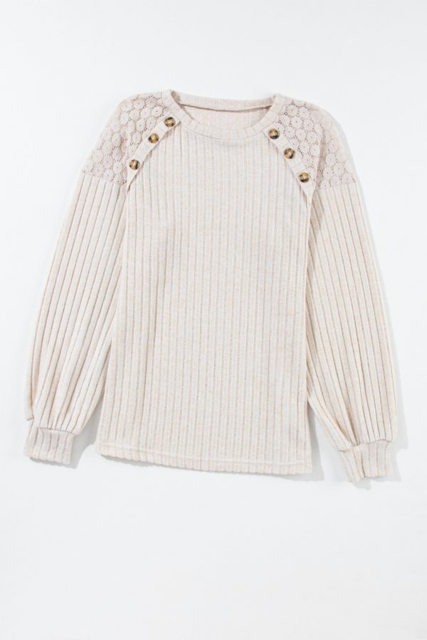 Parchment Contrast Lace Raglan Sleeve Buttoned Ribbed Top - Image 9