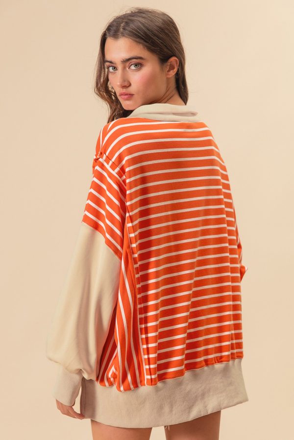 Orange Stripe Color Block Loose Fit Collared Drop Shoulder Sweatshirt - Image 5
