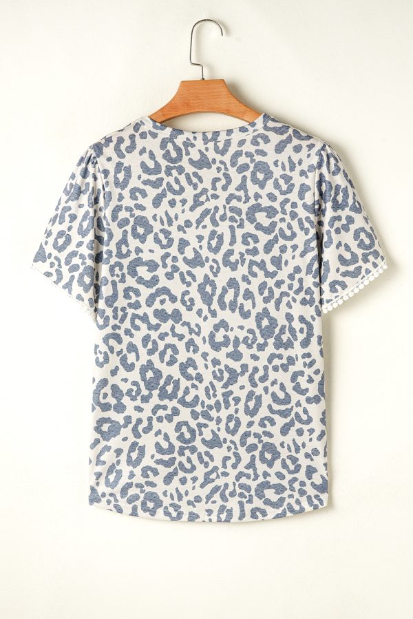 Beige Leopard Round Neck Lace Trim Petal Sleeve T Shirt - Image 5