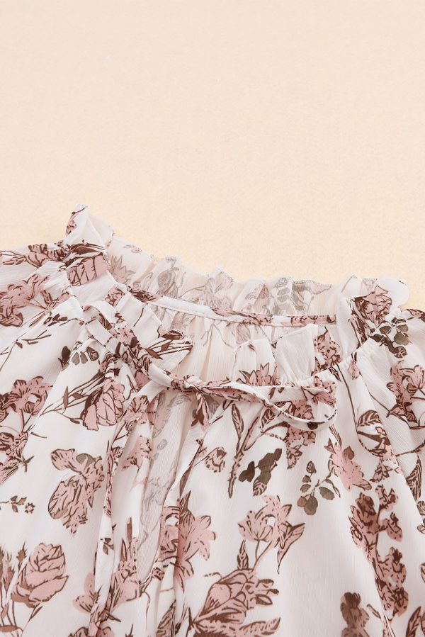 Boho Floral Print Split V Neck Bubble Sleeve Blouse - Image 6