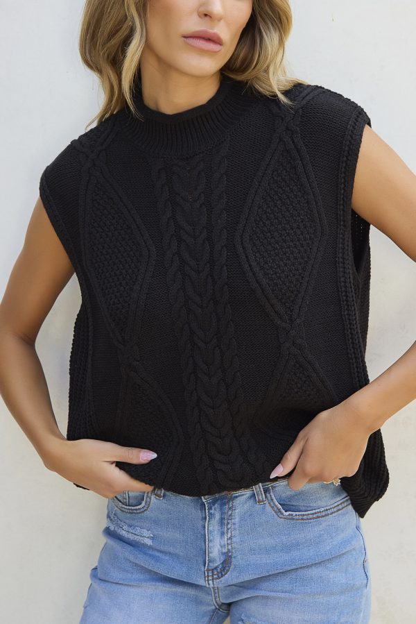 Black Solid Color Cable Knit High Neck Sweater Vest - Image 6