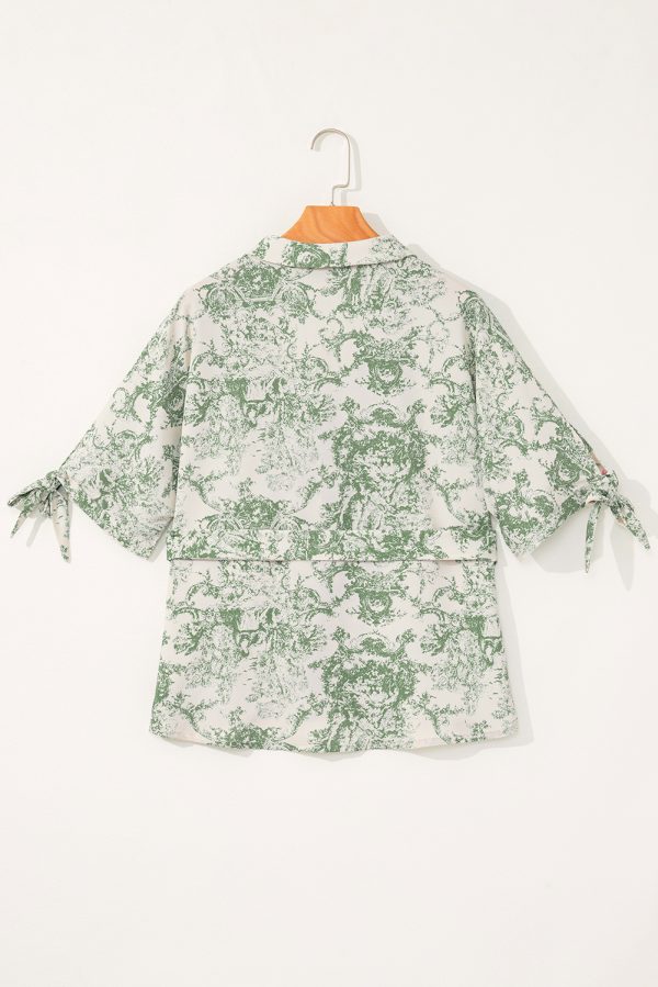 Green Landscape Print Tied 3/4 Sleeve Shirt with Sash - Image 5