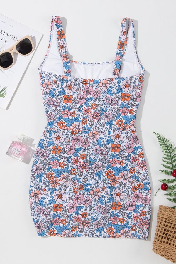 Pink Drawstring Ruched Floral Swim Dress - Image 8