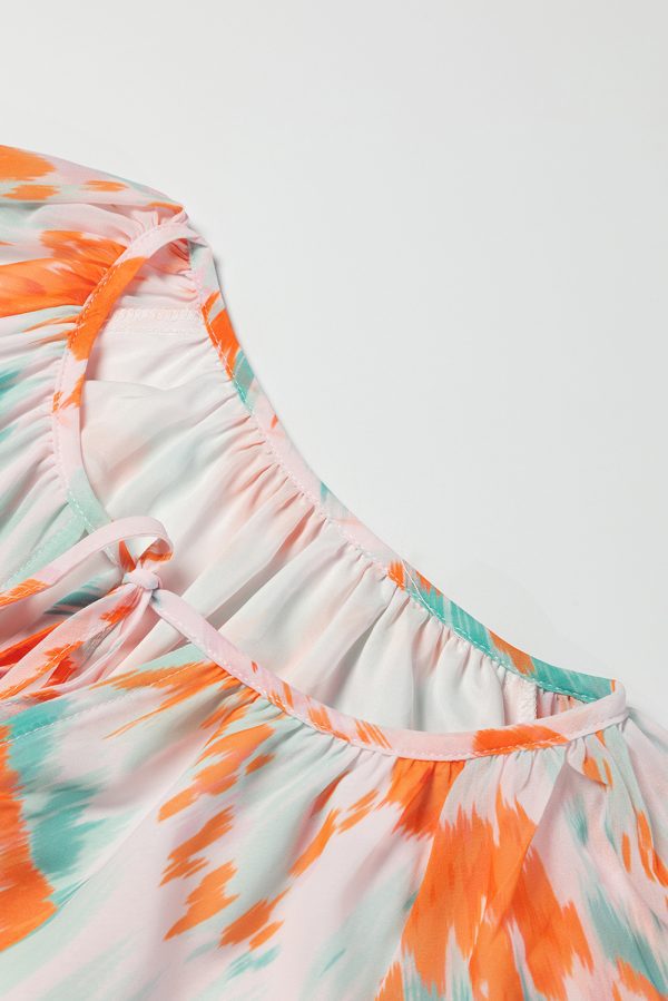 Multicolor Abstract Print Split Neck Puff Sleeve Blouse - Image 10