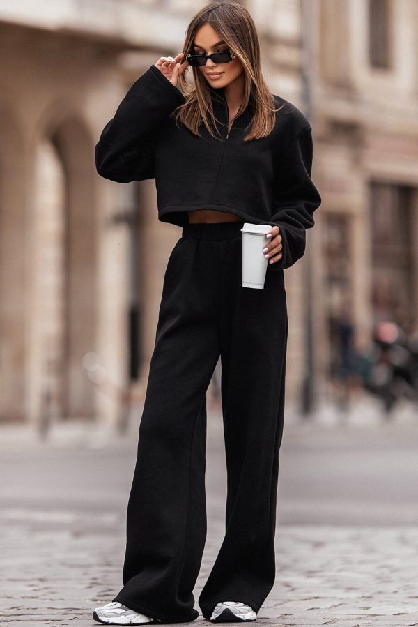Black Zipped Collared Crop Top and Wide Leg Pants Set - Image 4