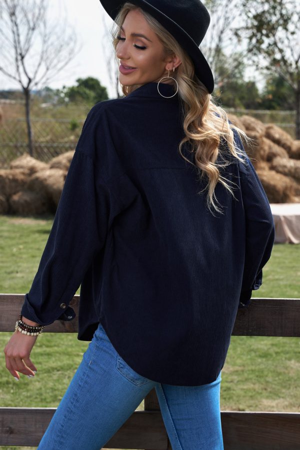 Dark Blue Corduroy Button Pocket Shirt - Image 2