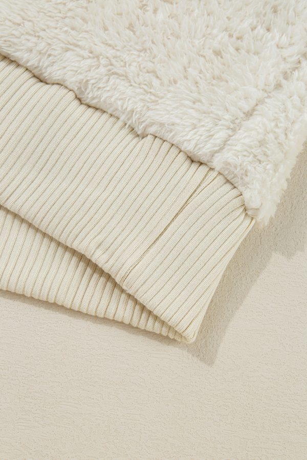 White Contrast Ribbed Edge Plush Hoodie - Image 7