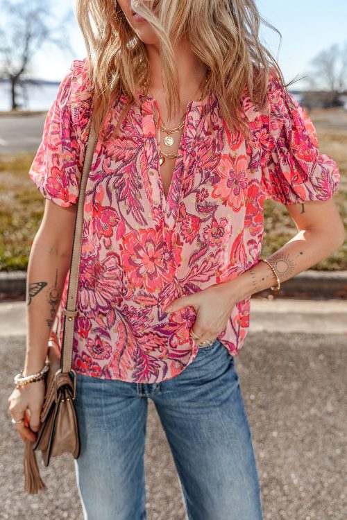 Red Floral Print Ruffled Puff Short Sleeve Blouse