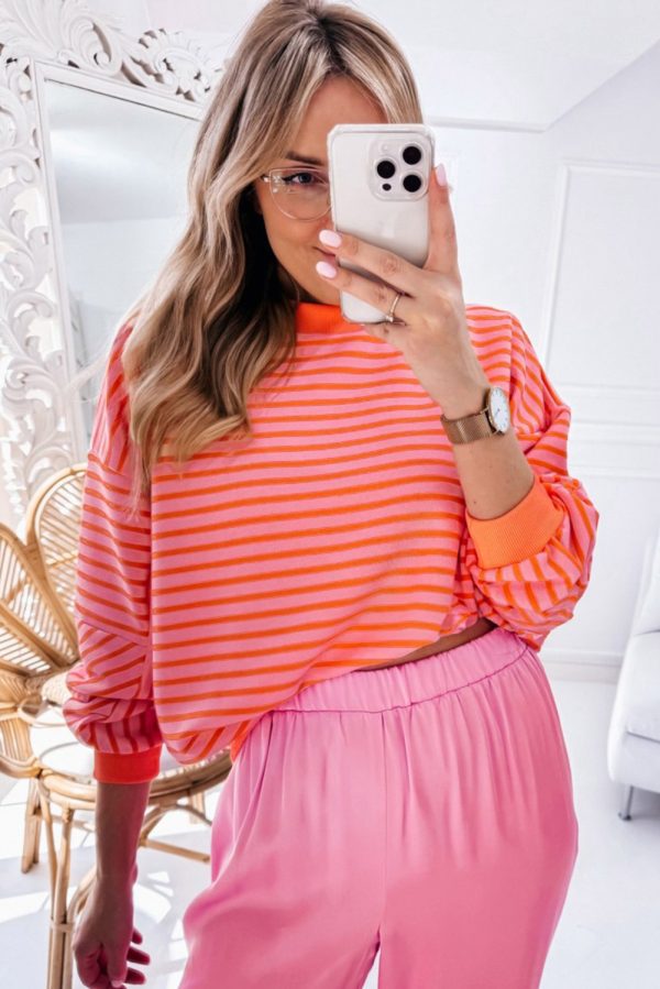 Orange Stripe Drop Shoulder Crew Neck Loose Sweatshirt - Image 20