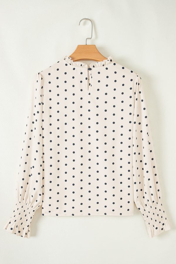 Apricot Polka Dot Print Frilled Collar Lantern Sleeve Blouse - Image 9