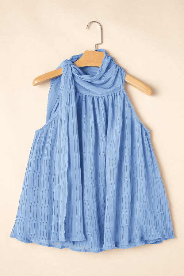 Myosotis Textured Pleated Tied Mock Neck Flowy Tank Top - Image 4