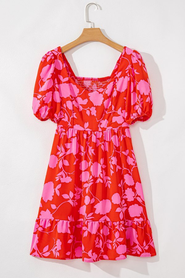 Red Floral Bubble Sleeve Sweetheart Neck Ruffled Mini Dress - Image 4
