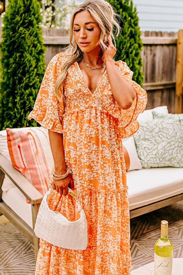 Orange Floral Print Smocked V Neck Wide Sleeve Maxi Dress - Image 7