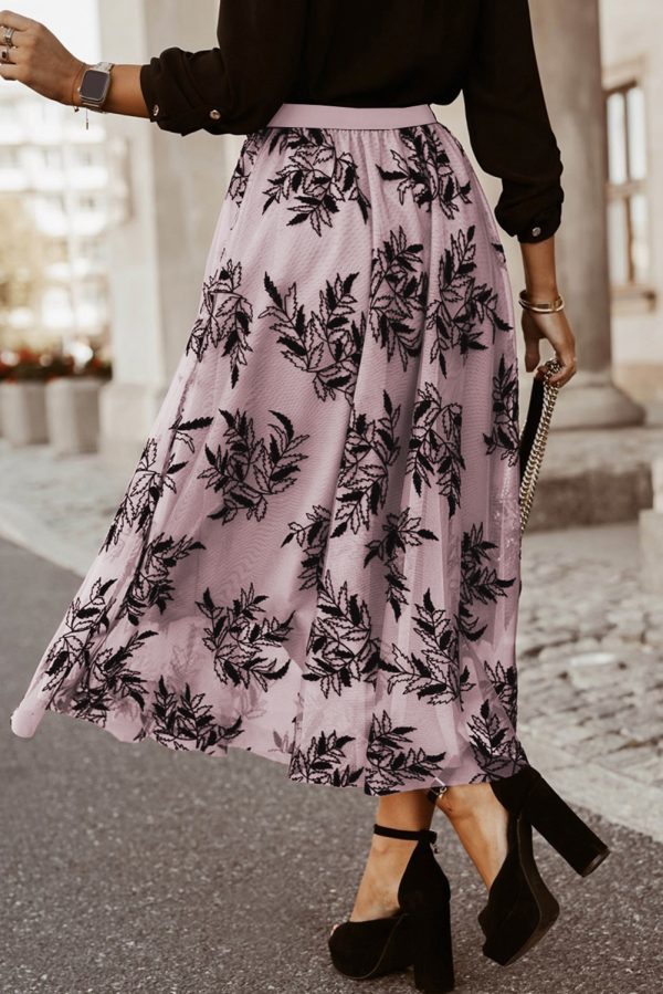 Peach Blossom Floral Leaves Embroidered High Waist Maxi Skirt - Image 3