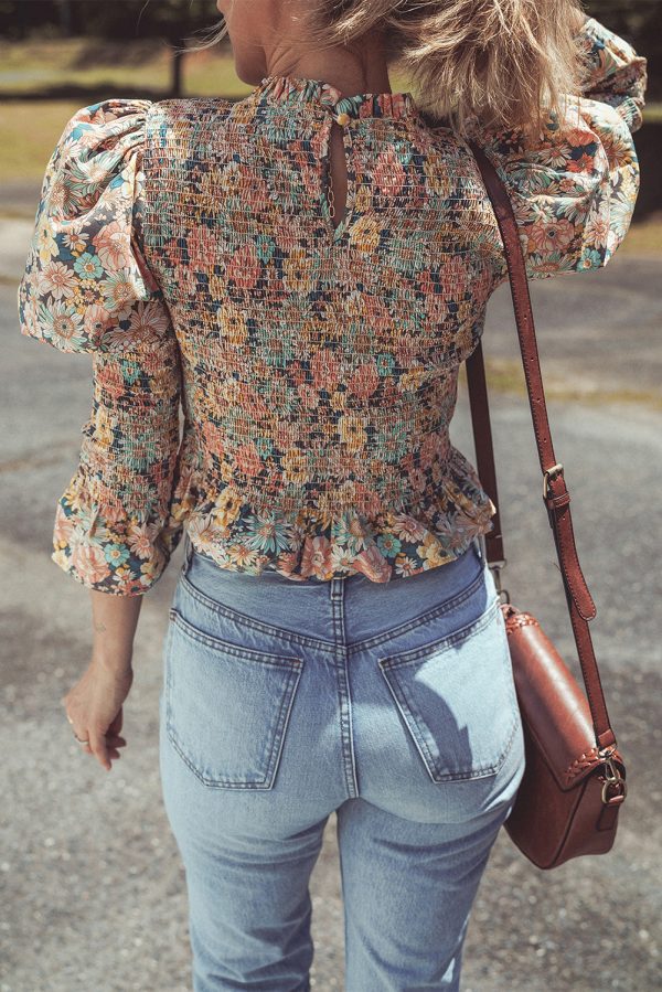 Yellow Floral Print Smocked Bubble Sleeve Ruffled Crop Top - Image 2