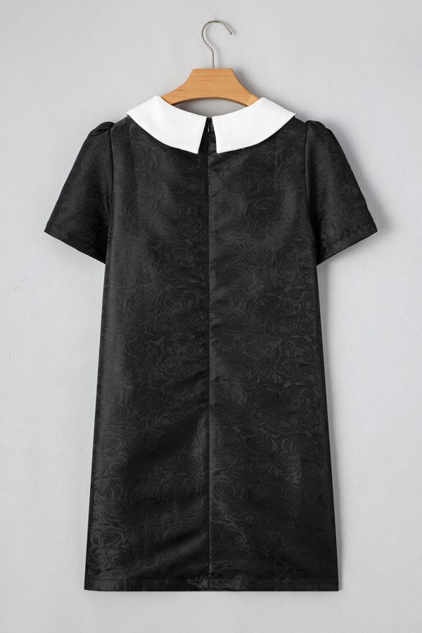 Black Floral Embossed Puff Sleeve Colorblock Bow Collared Mini Dress - Image 5