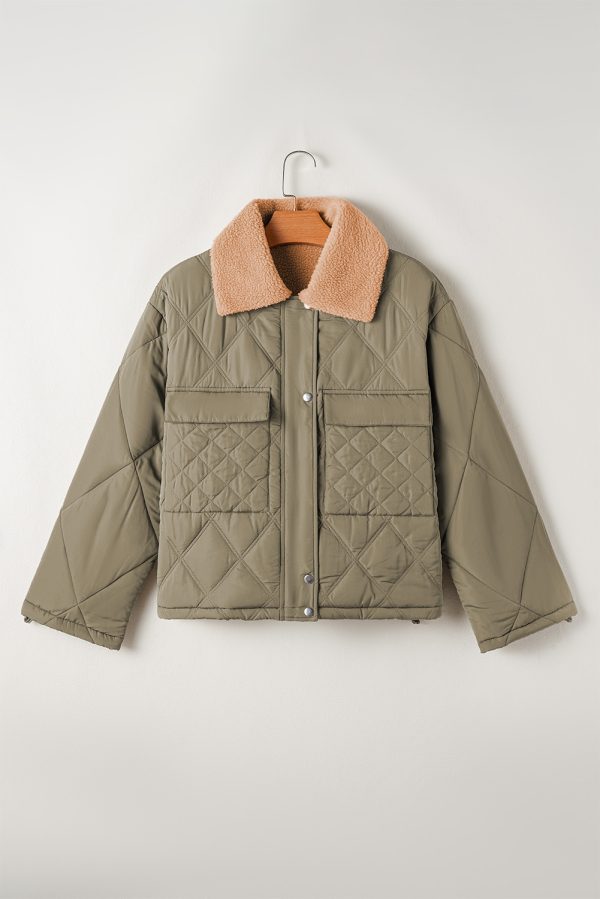 Jungle Green Teddy Collar Flap Pockets Quilted Puffer Jacket - Image 4