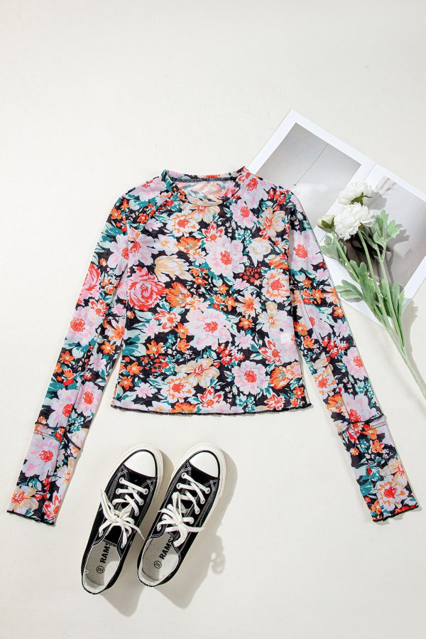 Orange Floral Mesh Slim Long Sleeve Crop Top - Image 8