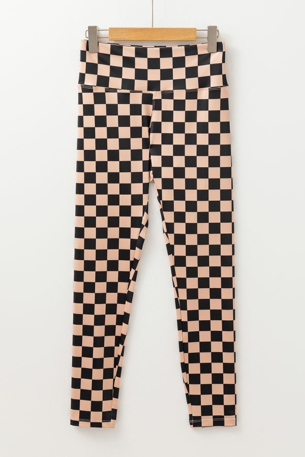 Khaki Checkered Pattern High Waist Skinny Leggings - Image 4