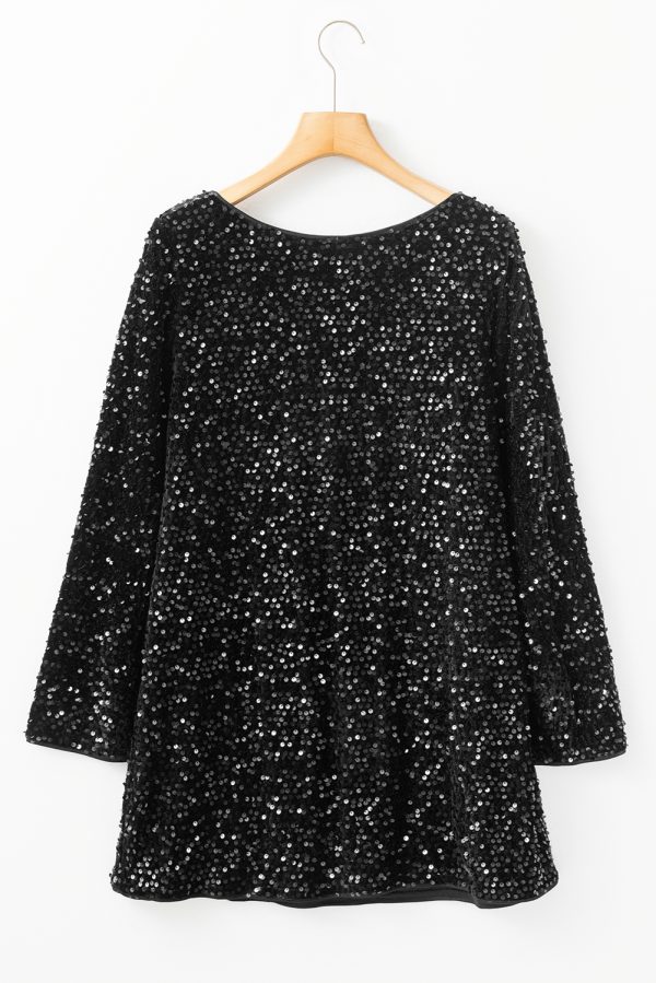 Black Sequin Long Sleeve Knot Cutout Back Mini Dress - Image 5