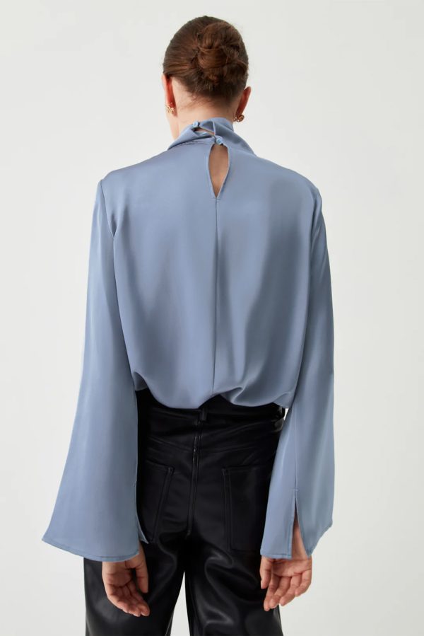Ivy Asymmetric Pleated Turtleneck Bell Sleeve Blouse - Image 2