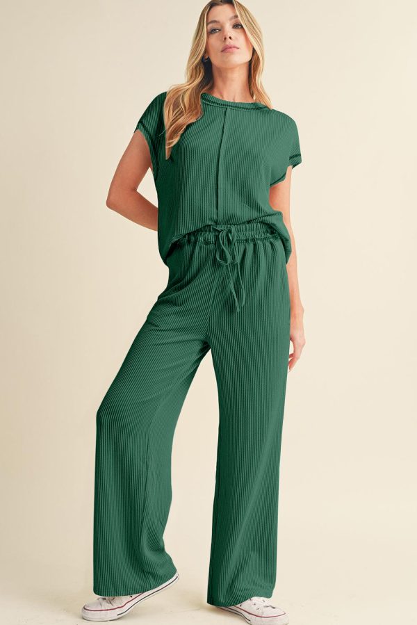 Navy Blue Solid Color Corded Short Sleeve Top and Casual Pants Set - Image 26