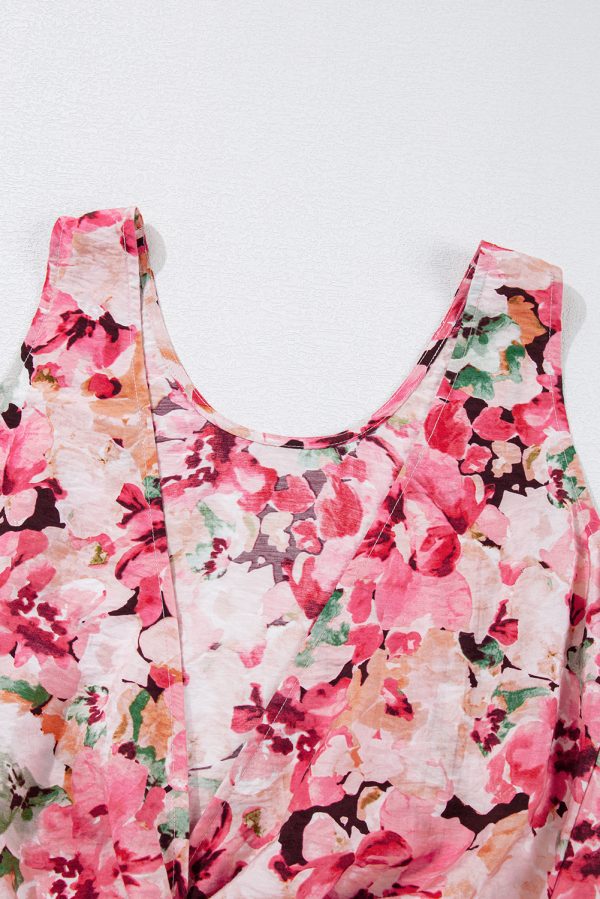 Pink Floral Round Neck Twisted Cut Out Back Tank Top - Image 11