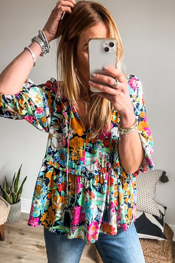 Multicolour Floral Print Bubble Sleeve V Neck Ruffled Blouse - Image 2