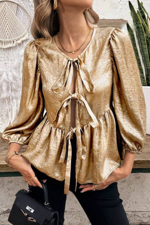 Gold Bow Tie Front Puff 3/4 Sleeve Ruffle Hem Blouse - Image 3