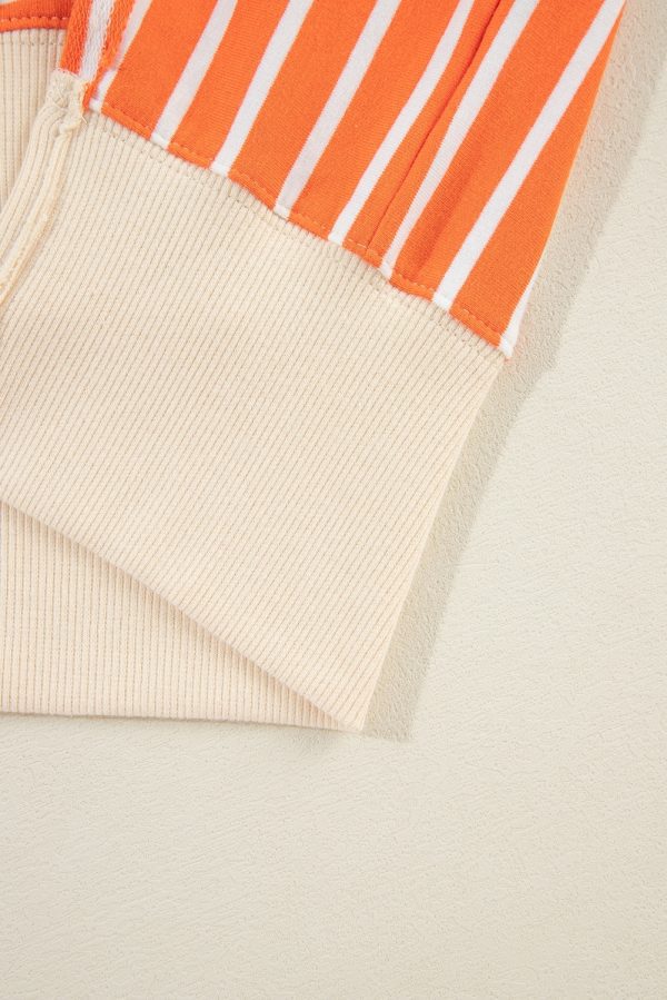 Orange Stripe Color Block Loose Fit Collared Drop Shoulder Sweatshirt - Image 10