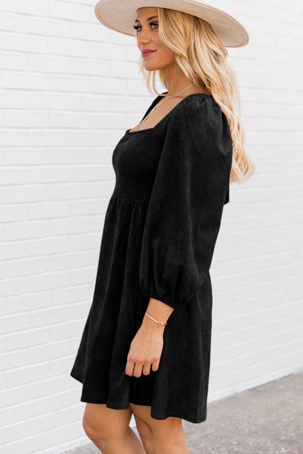 Black Suede Square Neck Puff Sleeve Dress - Image 2