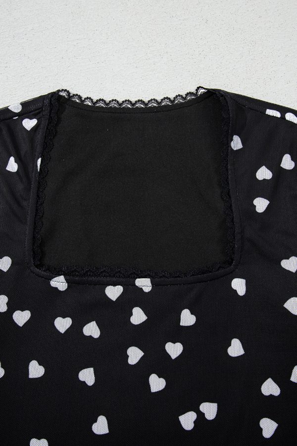 Black Heart Shape Mesh Patchwork Square Neck Bodysuit - Image 12