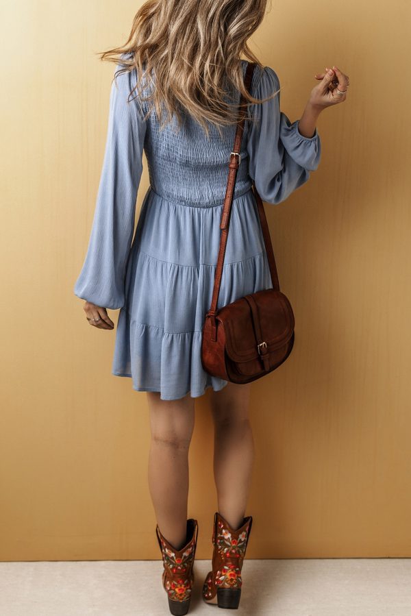 Ashleigh Blue Long Sleeve V Neck Smocked Tiered Mini Dress - Image 2