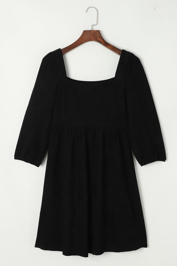Black Suede Square Neck Puff Sleeve Dress - Image 5