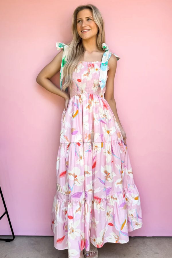 Pink Floral Print Knotted Shoulder Smocked Maxi Dress - Image 7
