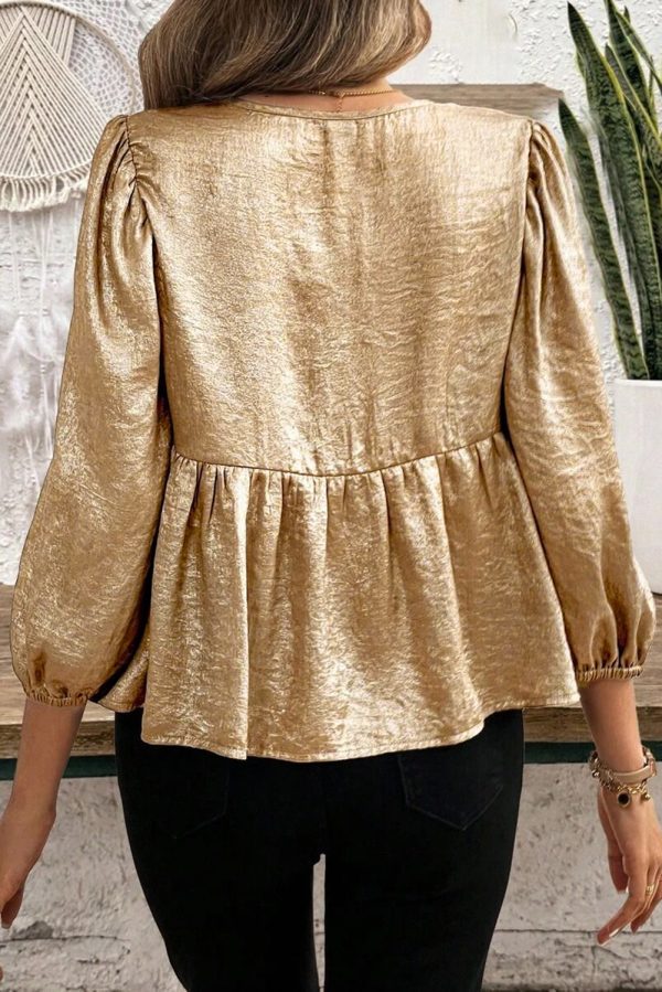 Gold Bow Tie Front Puff 3/4 Sleeve Ruffle Hem Blouse - Image 2