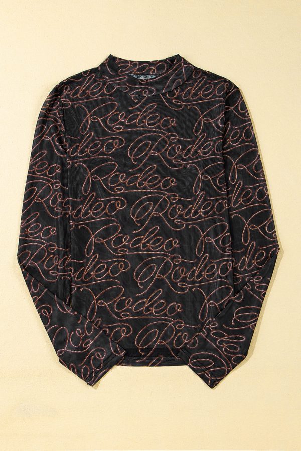 Black Western Rodeo Printed Mock Neck Long Sleeve Mesh Top - Image 3