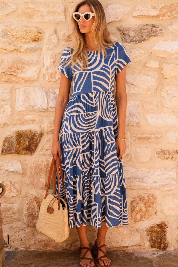 Sky Blue Boho Printed Short Sleeve Flare Tiered Dress - Image 3