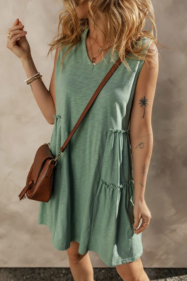 Black Split V Neck Tiered Flowy Sleeveless Dress - Image 15