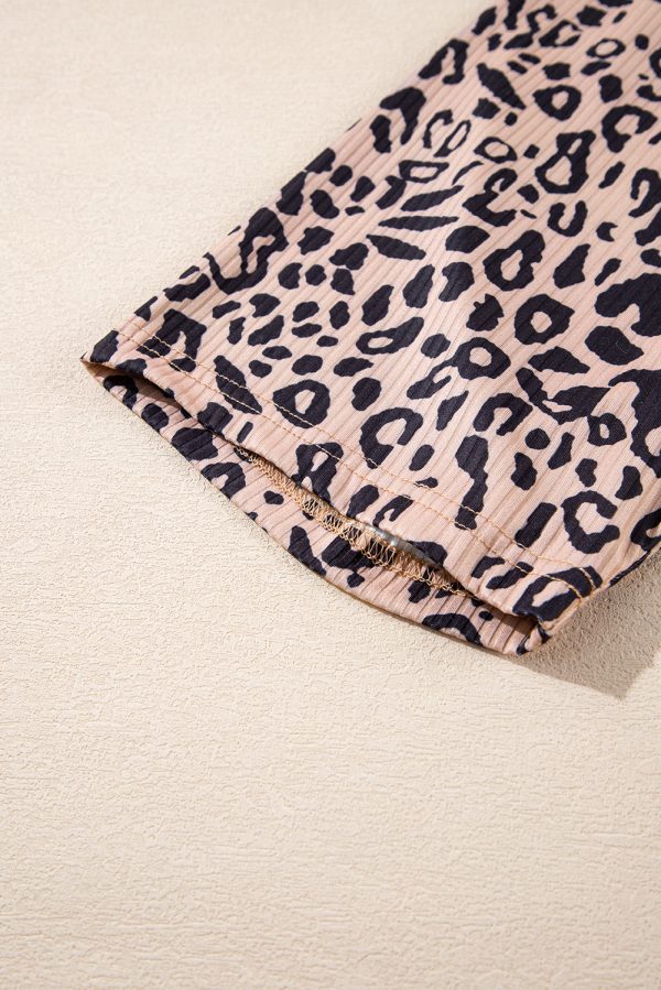 Khaki Leopard Print Ribbed Textured Knit Biker Shorts - Image 6