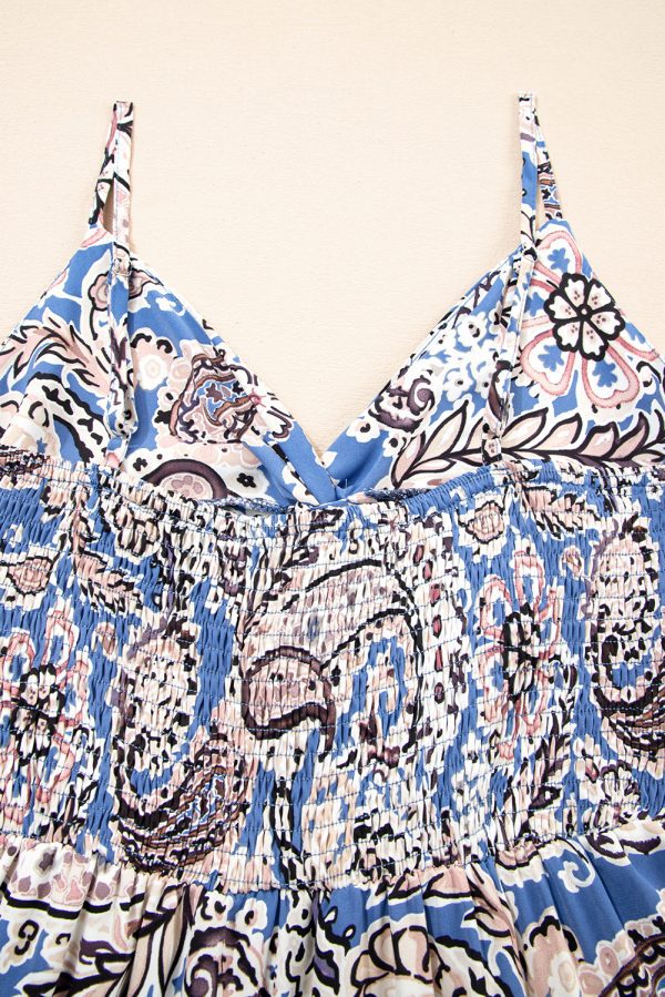 Blue Paisley Print Twist Detail Smocked Back Spaghetti Straps Long Dress - Image 5