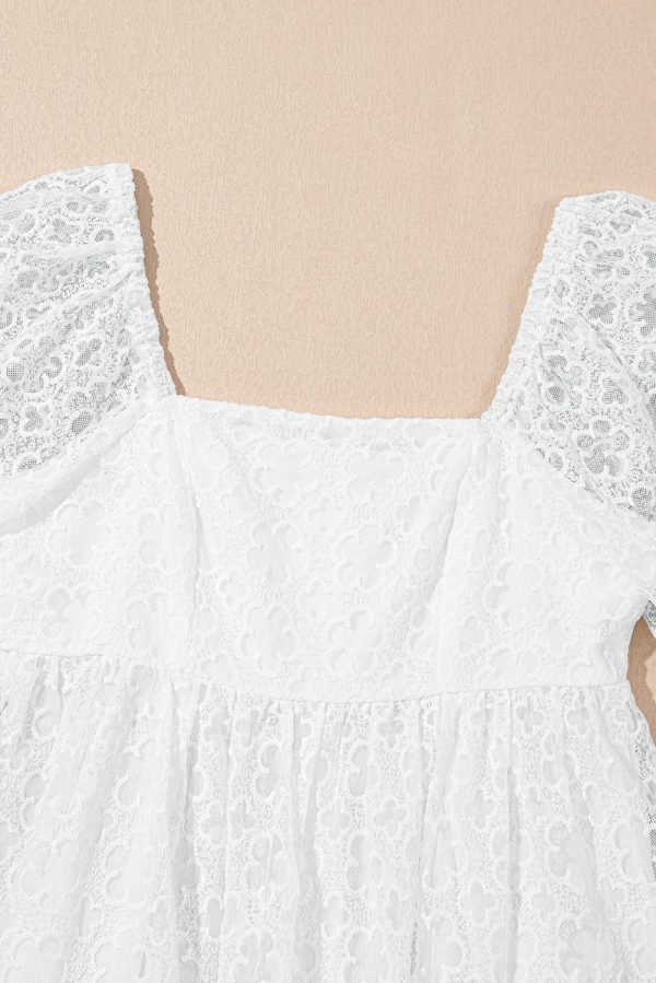 White Floral Lace Puff Sleeve Empire Waist Mini Dress - Image 7