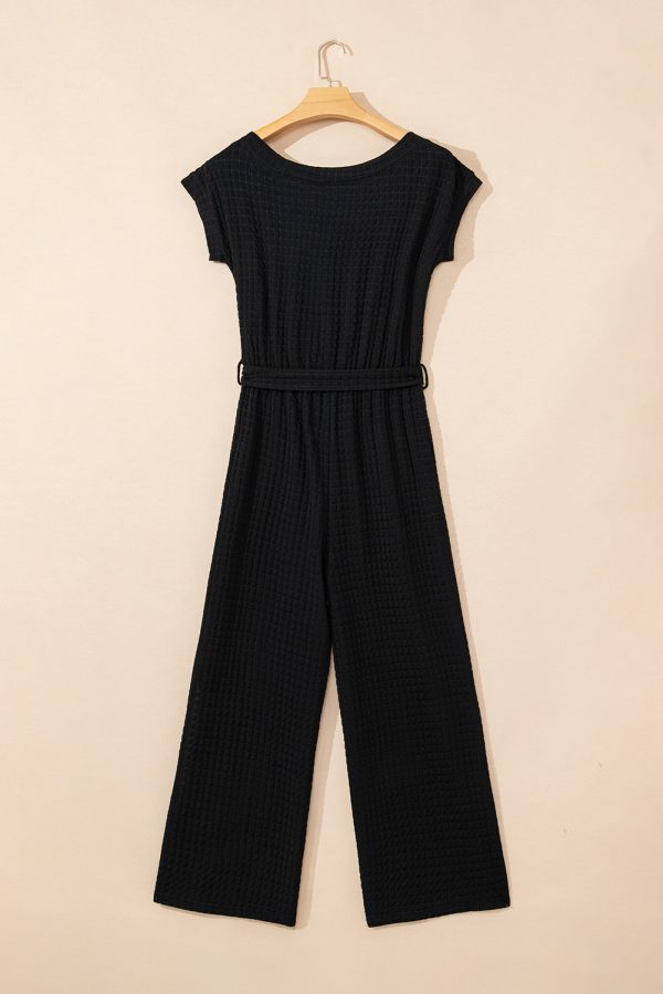 Black Checkered Mesh One Shoulder Short Sleeve Knotted Waist Jumpsuit - Image 7