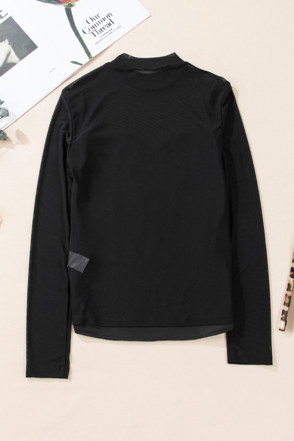 Black Sequin Velvet Sheer Mesh Mock Neck Blouse - Image 6