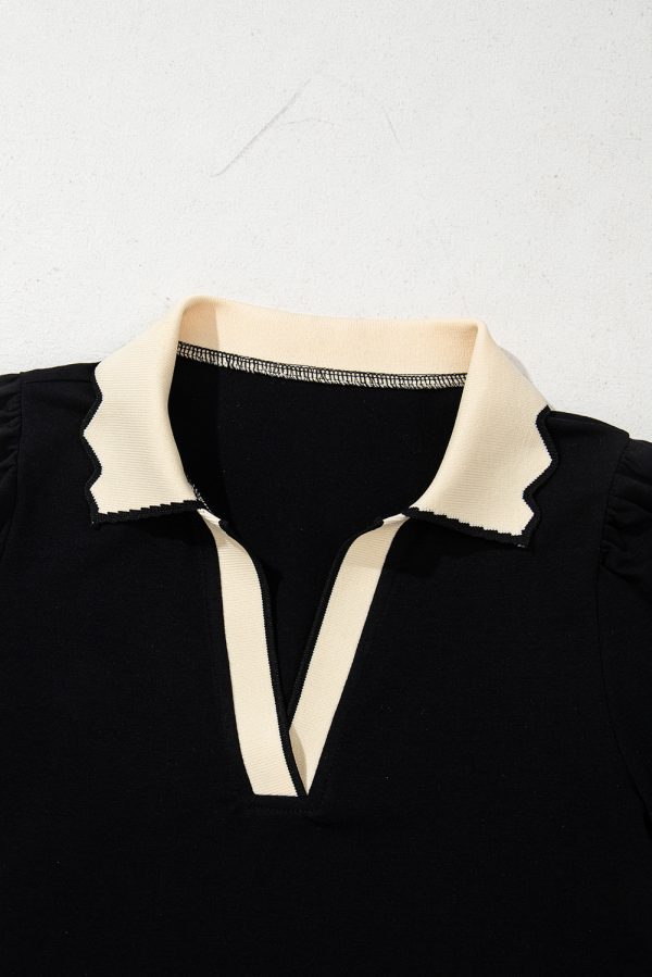 Black Color Contrast Collared V Neck Puff Sleeve Blouse - Image 6