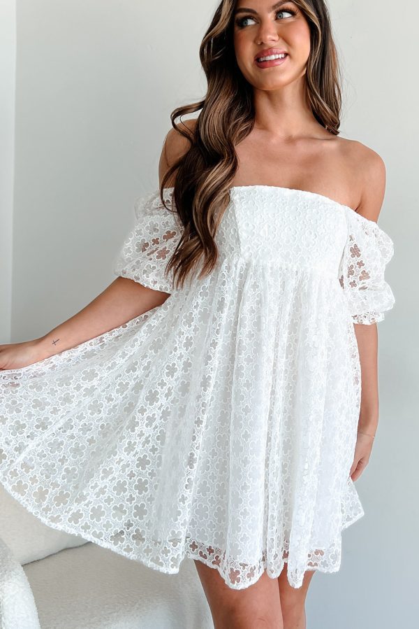 White Floral Lace Puff Sleeve Empire Waist Mini Dress - Image 3