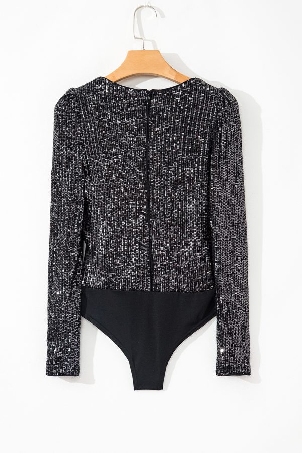 Black Sequin V Neck Zipped Long Sleeve Bodysuit - Image 6
