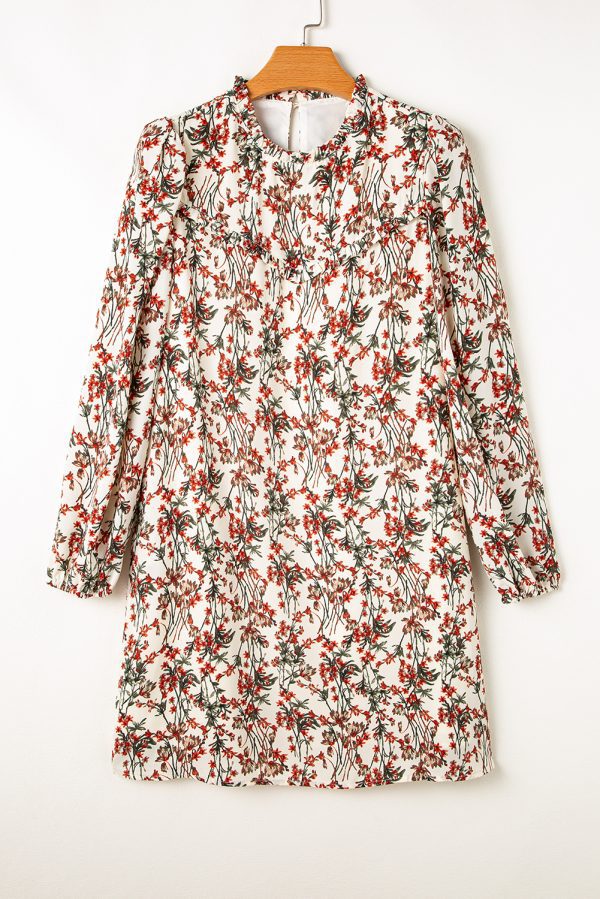 White Floral Printed Long Sleeve Mini Dress - Image 5