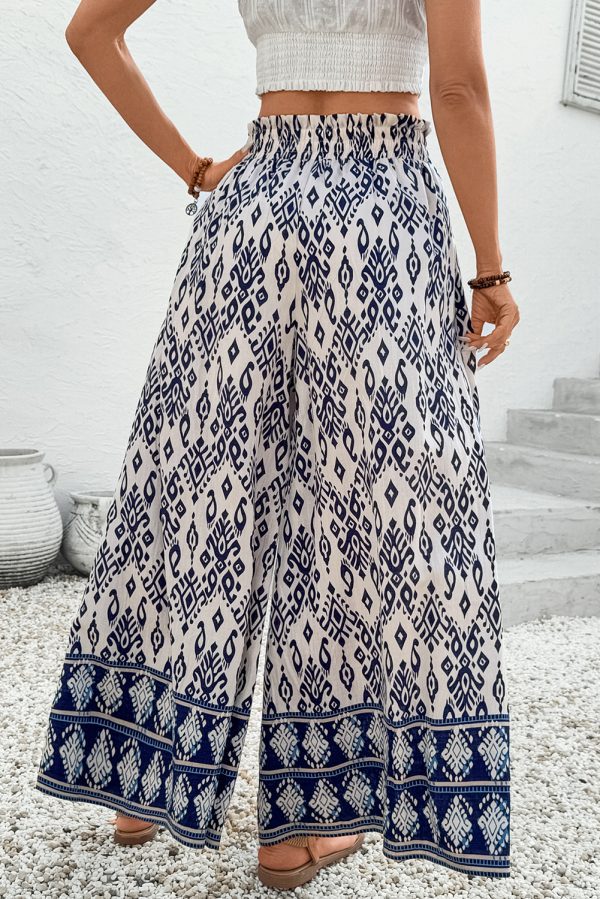 Blue Boho Pattern Print High Waist Wide Leg Loose Pants - Image 2