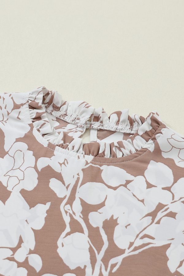 Light French Beige Floral Print Frilled Neckline Flounce Sleeve Blouse - Image 9